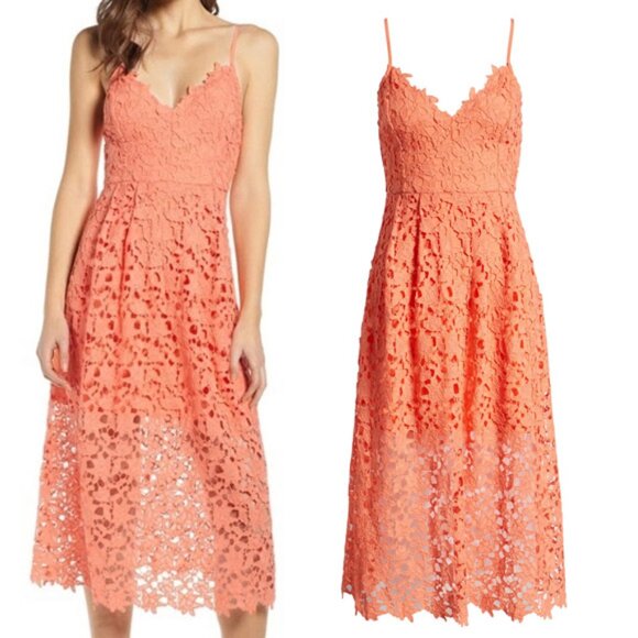 ASTR The Label Floral Lace Midi Dress Size S Coral Guipure Wedding Guest Party - Picture 1 of 16